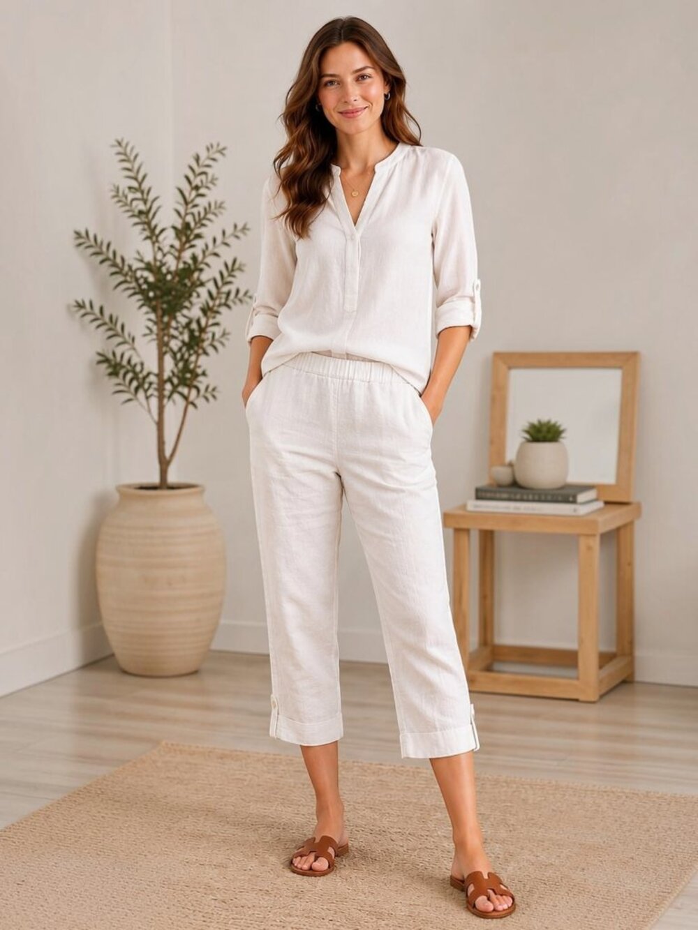 J. Jill Pure Jill White Linen Buttoned Hem Cropped Pants XSP
